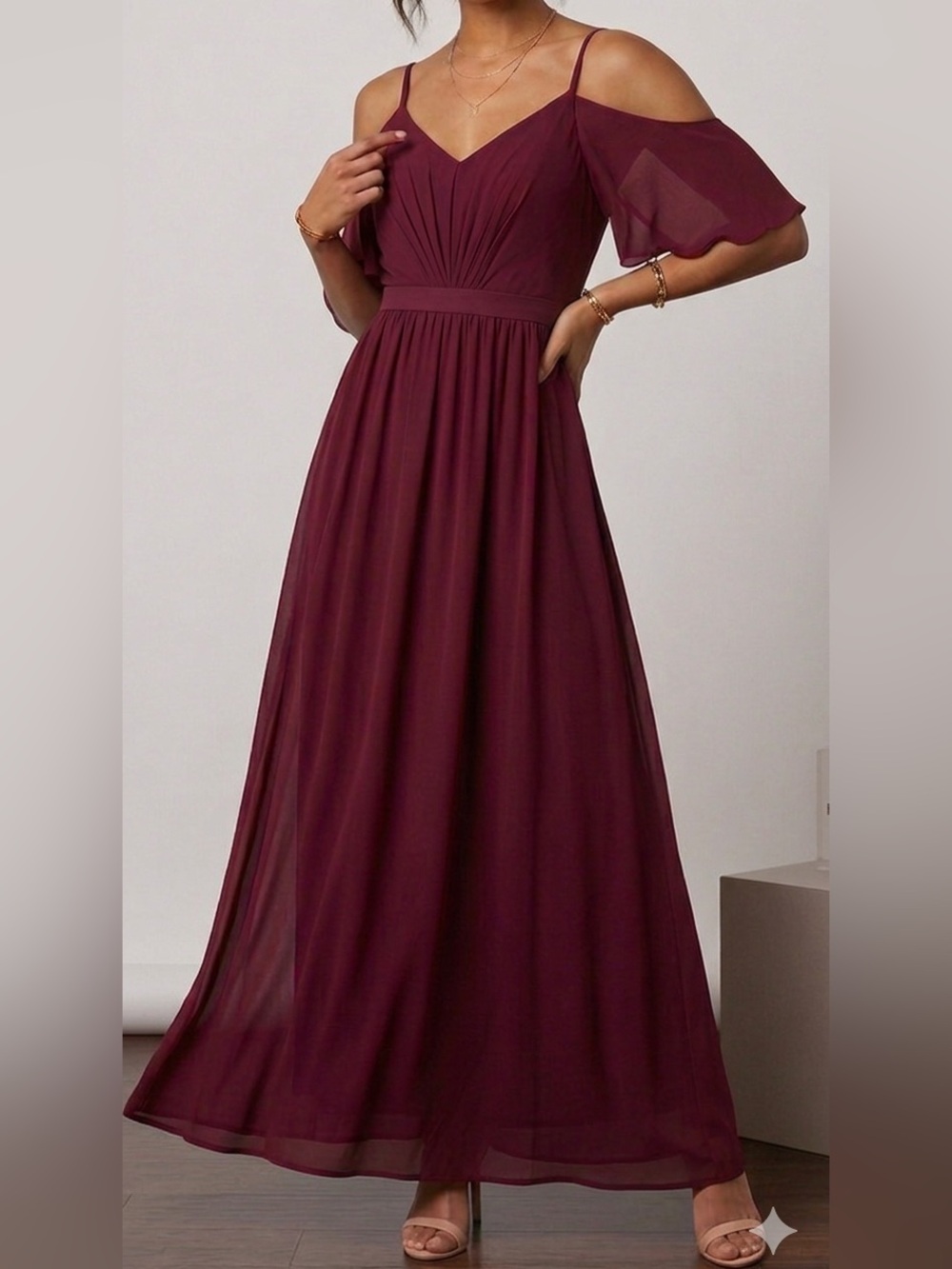 Lulu's Burgundy Cold-Shoulder V-Neck Maxi Dress